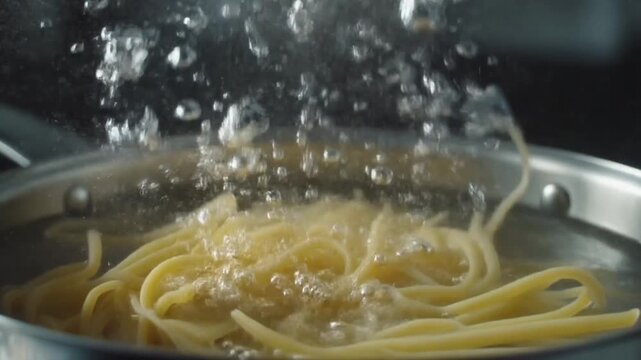 Slow motion pasta strands falling into boiling water, bubbles and splashes captured in detail, high speed capture style, bright natural kitchen lighting, ultra realistic water physics, 4K ultra HD, cl