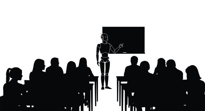 Robot teacher standing in front of a classroom of students pointing at a black board