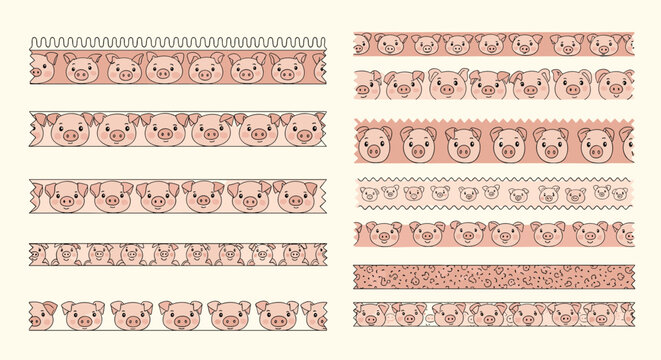 Large set of horizontal decorative border tapes featuring rows of cute cartoon pig faces in various pink shades.