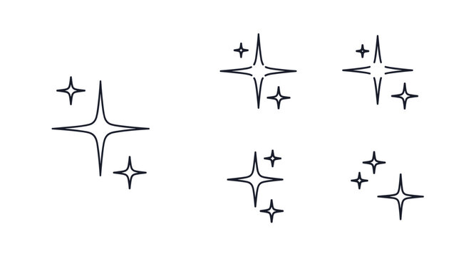 Collection of minimalist four-pointed star sparkle icons in various clusters and arrangements in black line art.