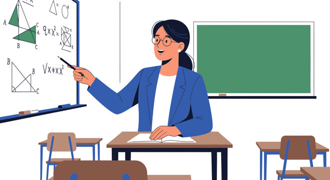 Female Teacher Explaining Geometry Formulas on Whiteboard in Classroom
