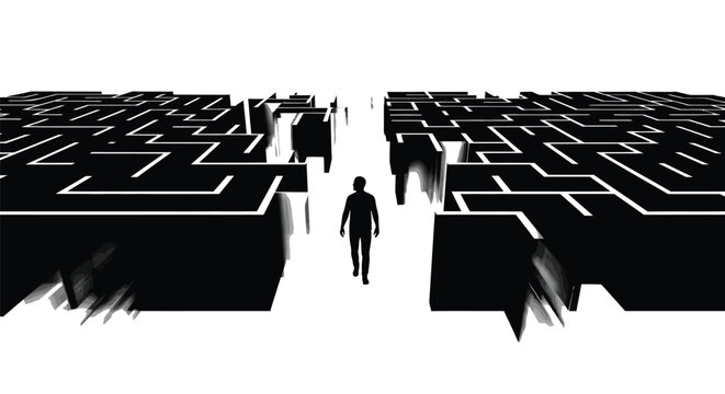 Silhouette of a person walking through a complex black maze seeking a way out forward