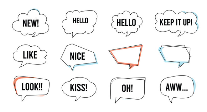 Collection of twelve diverse speech bubble designs contains short text messages like hello and like for social media and digital interaction.