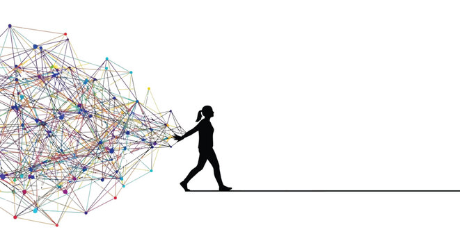 Silhouette of a young woman walking forward while touching a vibrant colorful digital data network