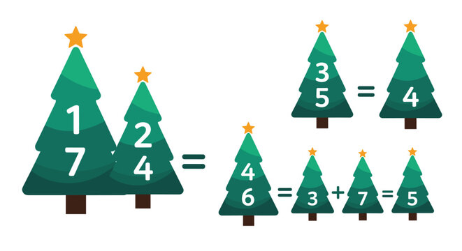 Educational math puzzle uses numbered Christmas trees to teach children about addition, subtraction, and basic arithmetic in a festive way.