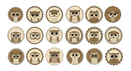 Obraz premium Large collection of diverse owl face icons presented in various decorative circular and scalloped frames with brown tones.