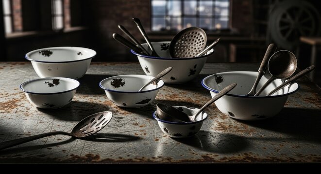 Rustic Enamelware Bowls and Utensils on a Textured Surface