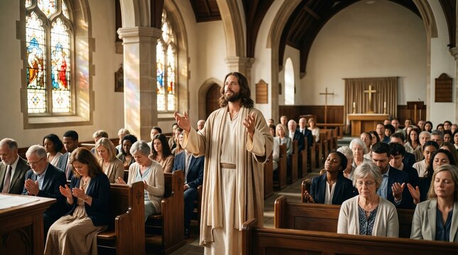 Jesus christ standing in a church with a congregation praying