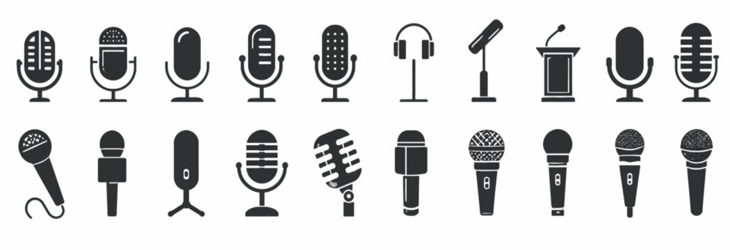Collection of vintage and modern microphones in black silhouette style