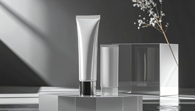 Elegant white cosmetic tube mockups on display stand with clear acrylic block and decorative plant in minimalist style
