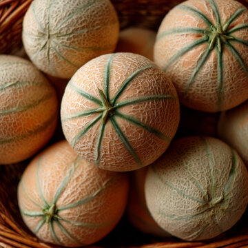 Fresh charentais cantaloupe melons with green stripes top down view in wicker basket
