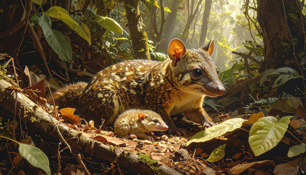 A mother and baby genet explore the vibrant, sun-drenched undergrowth of their lush tropical rainforest habitat, embodying the serene beauty of wildlife in nature