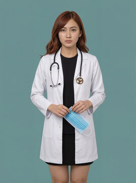 Female doctor in white lab coat holding a face mask