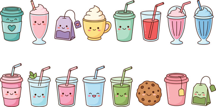 Cute Kawaii Drinks And Beverages Characters Set Vector Illustration Isolated White Background Coffee Milkshake Tea Cookie Design Collection