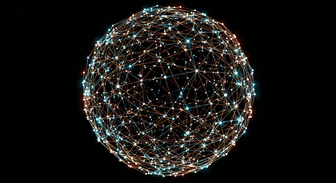 3d network globe with glowing nodes and interconnected data flow on black background