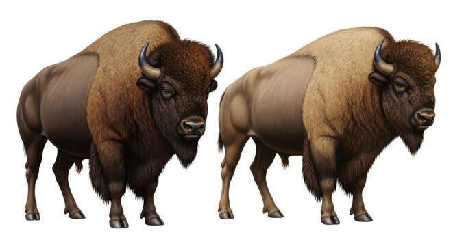 Two majestic american bison standing side by side, detailed realistic animal illustration isolated on white background