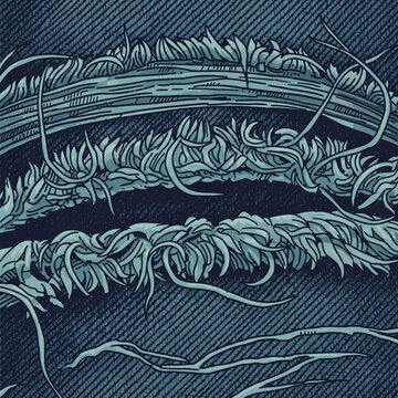 Distressed jeans tendrils twisting.