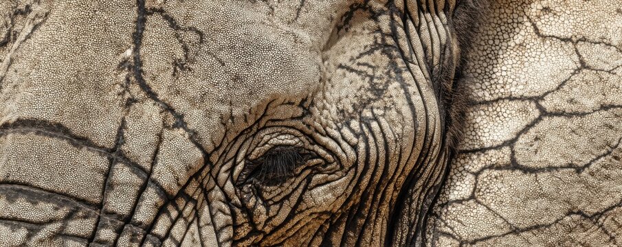 Close-up of an elephants eye and wrinkled skin texture.