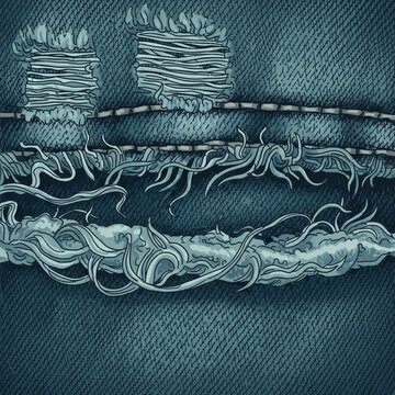 Distressed jeans torn frayed fabric closeup.