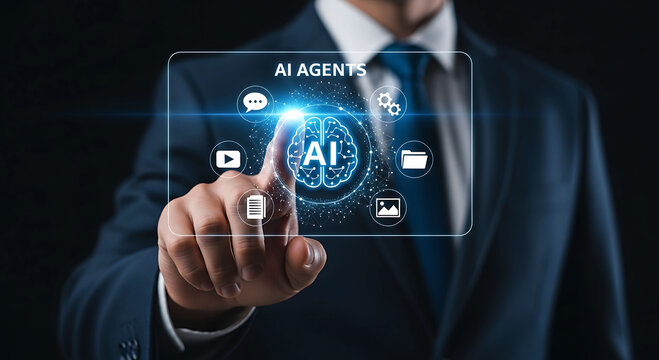 Businessman touching virtual screen with AI Agents and digital brain interface
