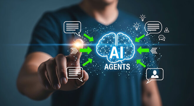 Businessman touching virtual screen with AI Agents and digital brain interface