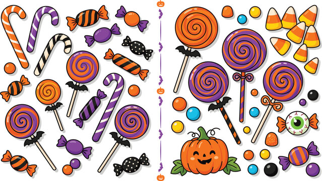 Colorful Halloween Candy And Lollipop Sweet Treats Set Vector Illustration Isolated White Background Pumpkin Bat Sugar Design Collection
