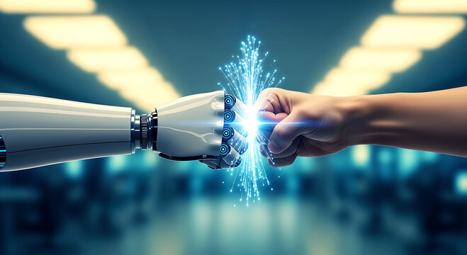Robot and human fist bump representing artificial intelligence and collaboration