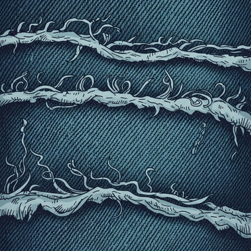 Distressed jeans material closeup texture detail.