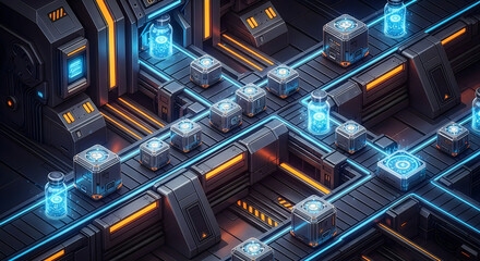 Fototapeta premium Futuristic sci-fi laboratory with neon blue and orange glowing circuits