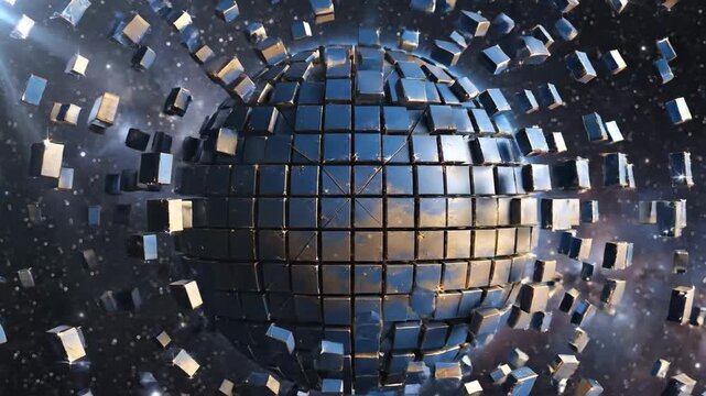 Futuristic Fragmenting Cubic Planet Breaking Into Space.