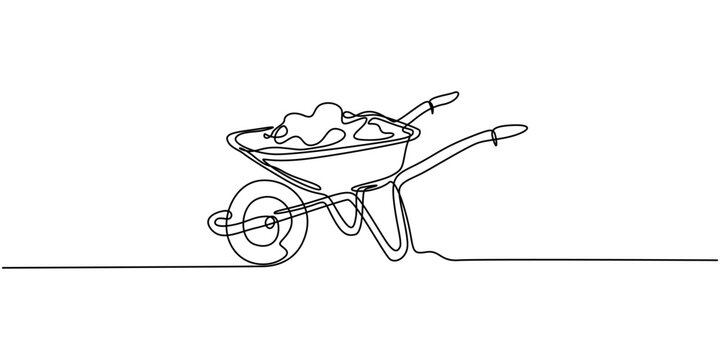 Line art of wheelbarrow with soil and plant for gardening inspiration, no editable stroke, Continuous one line drawing of garden wheelbarrow. Wheelbarrow in single line draw illustration. Editable