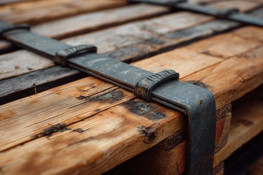 Close-up of a wooden pallet with metal straps for securing cargo.