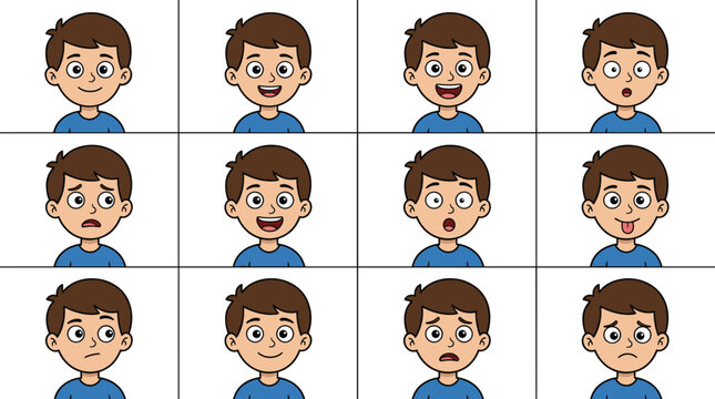 Boy facial expressions set with different emotions happy sad surprised angry and neutral cartoon illustration collection