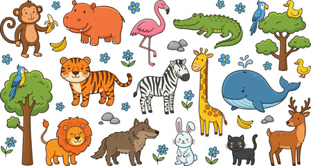 Obraz premium Cute animals collection with monkey hippo flamingo crocodile tiger zebra giraffe whale and forest wildlife cartoon illustration