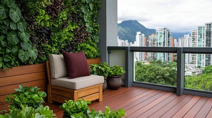 Obraz premium Cozy outdoor balcony featuring wooden chair, lush vertical garden wall, and scenic view of modern city skyline with distant mountains. High quality photo