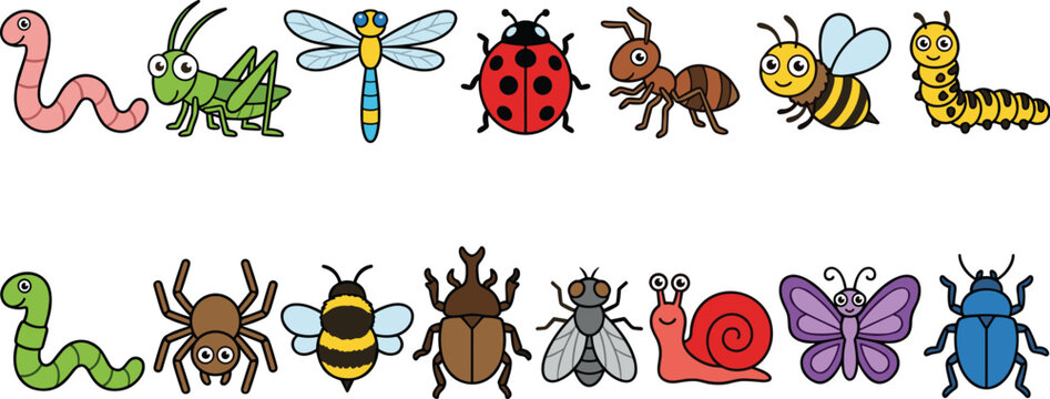 Cute insects and bugs set with worm grasshopper ladybug ant bee snail butterfly cartoon illustration collection