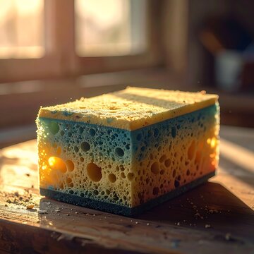A sponge with yellow, orange, and blue layers on a wooden surface