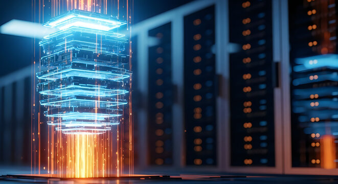 futuristic server room with glowing blue data network hologram