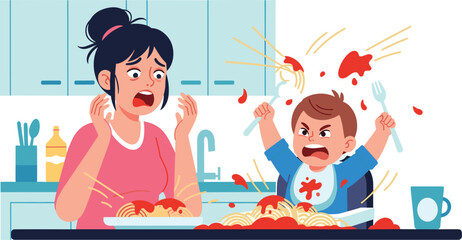 Stressed mother looking shocked and overwhelmed while her young son throws spaghetti and tomato sauce during a messy mealtime