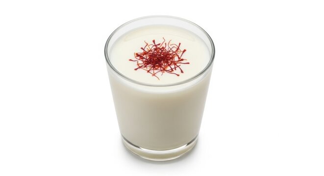 Glass of saffron milk or lassi topped with saffron threads isolated on white background
