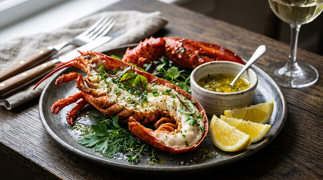 Close-up plated lobster with herb butter, lemon, greens, and wine on a rustic table.