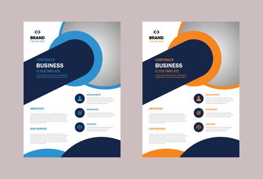 Two corporate business brochure covers with circular accent in teal and orange, featuring checklists and contact info