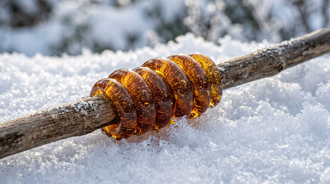 Amber maple taffy spiraled around a wooden stick in fresh snow.