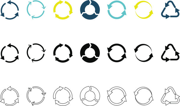Circular recycle arrows and cycle diagram icons set isolated on transparent background