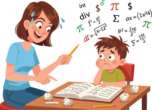 Stressed mother trying to explain complex math formulas to her confused and bored young son during a difficult homeschooling session