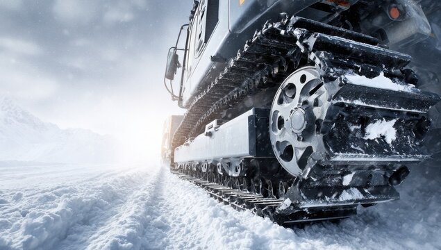 Heavy Duty Snow Cat Vehicle Tracks on Snowy Terrain.