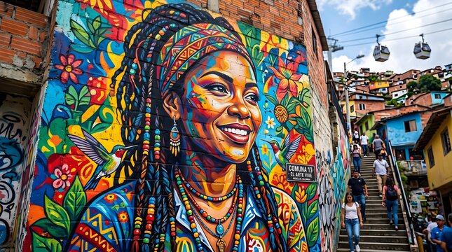 Vibrant Street Art Mural of a Smiling Woman in Comuna 13, Medell&iacute;n, Colombia, with Urban Landscape and Cable Cars