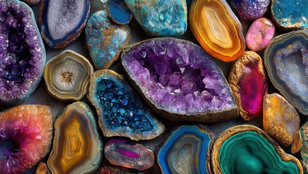 A Vibrant Collection of Natural Geodes and Agate Slices.