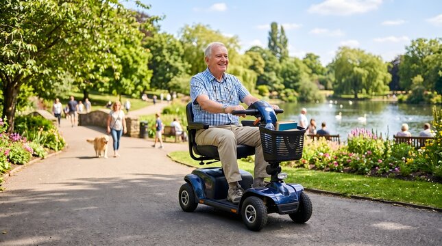 Happy Senior Man Enjoying an Active and Independent Lifestyle on a Mobility Scooter in a Sunny Park