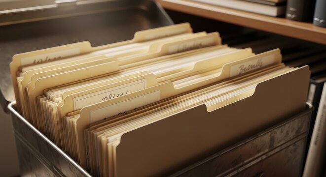 Rows of Manila Folders Stored in an Office Filing Cabinet, Organizing Important Documents